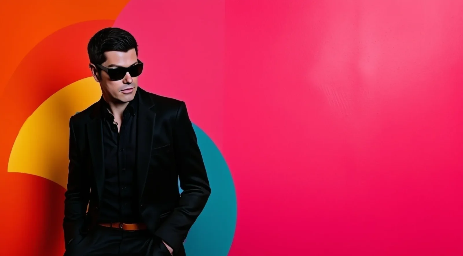 Elektrik Disko in a black suit against a pink, orange and teal background