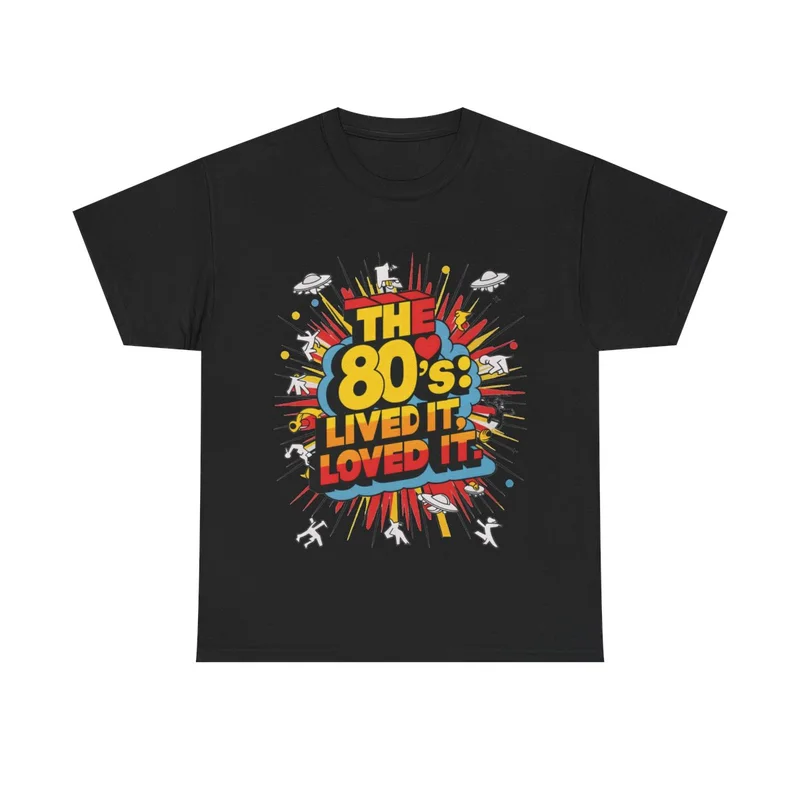 Black 80s Music Lived It Loved It graphic T-shirt, design 3, front view