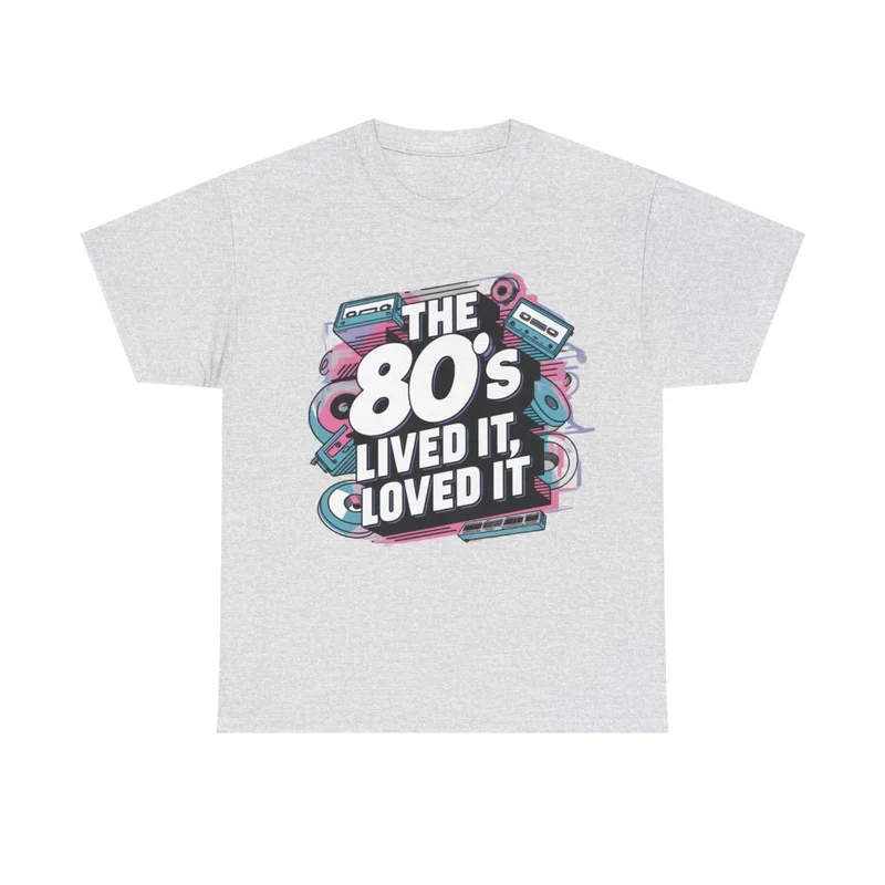 White 80s Music Lived It Loved It graphic T-shirt, design 4, front view