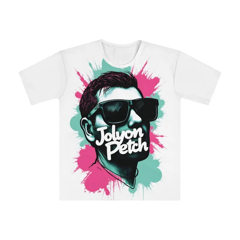 White Jolyon Petch T-shirt with graphic face and lettering, front view