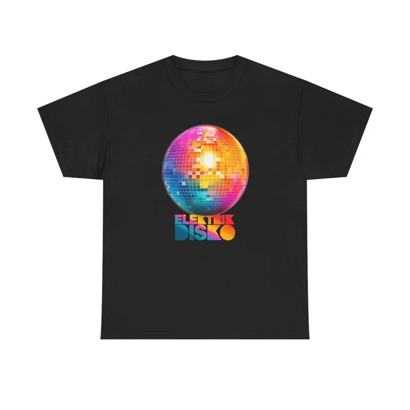 Black Elektrik Disko T-shirt with colourful mirrorball graphic, front view