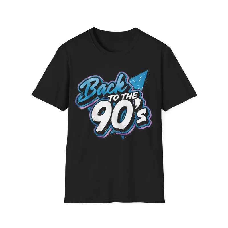 Black Back to the 90s Retro T-shirt with blue and white lettering, front view