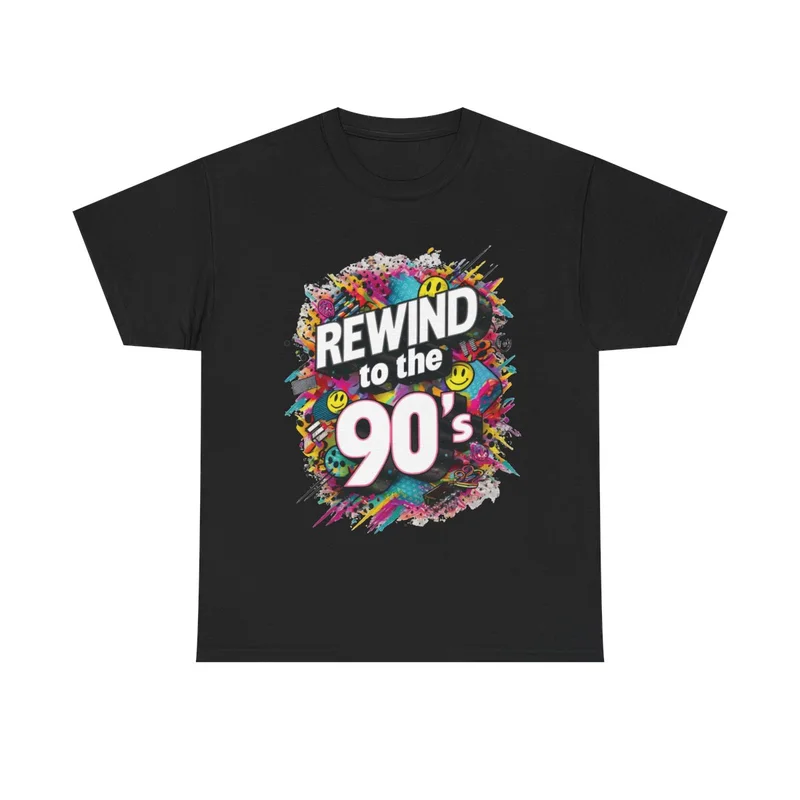Black Rewind to the 90s graphic T-shirt, front view