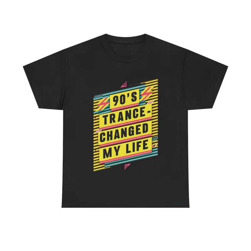 Black 90s Trance Changed My Life T-shirt, Design 1 with yellow panels and pink lightning bolts
