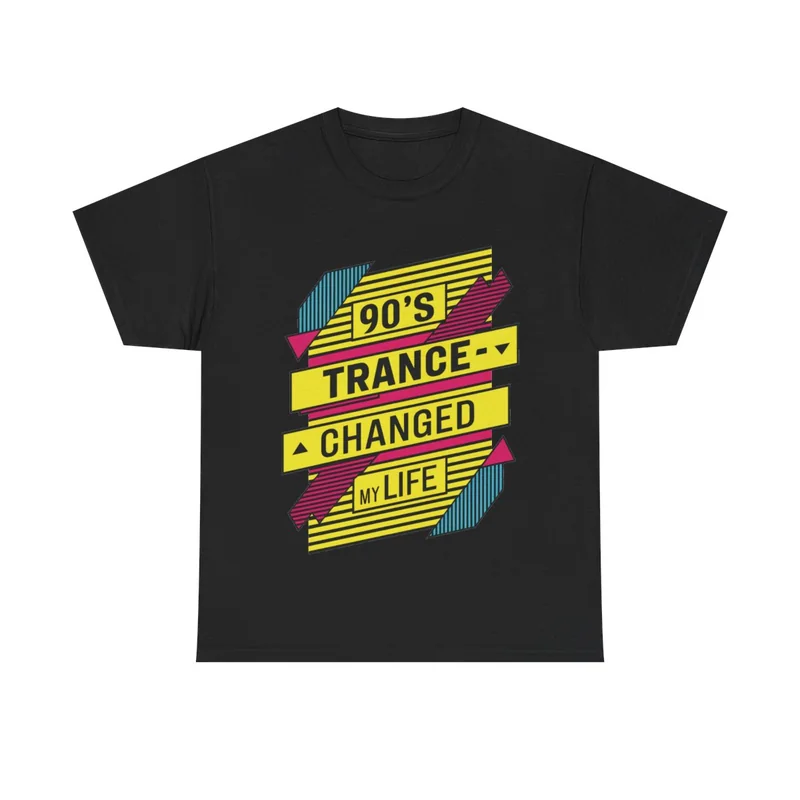 Black 90s Trance Changed My Life T-shirt, Design 2 with yellow panels, pink triangles and blue diagonal stripes