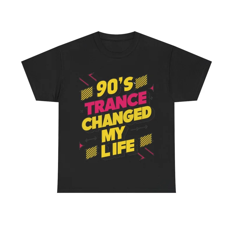 Black 90s Trance Changed My Life T-shirt, Design 3 with stacked yellow and pink lettering