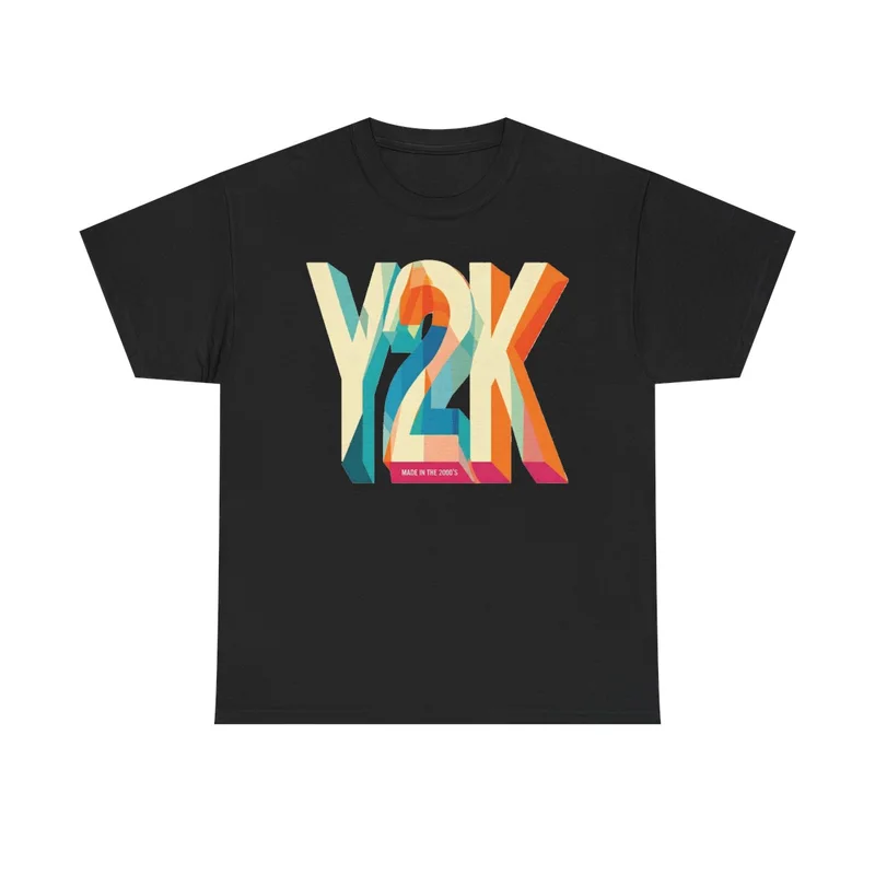 Black Made in the 2000s T-shirt with colourful Y2K lettering, front view