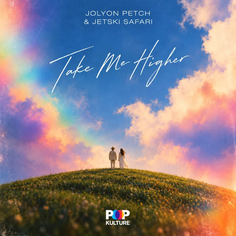 Take Me Higher cover: a couple on a flower-covered hill beneath a pastel sunset sky